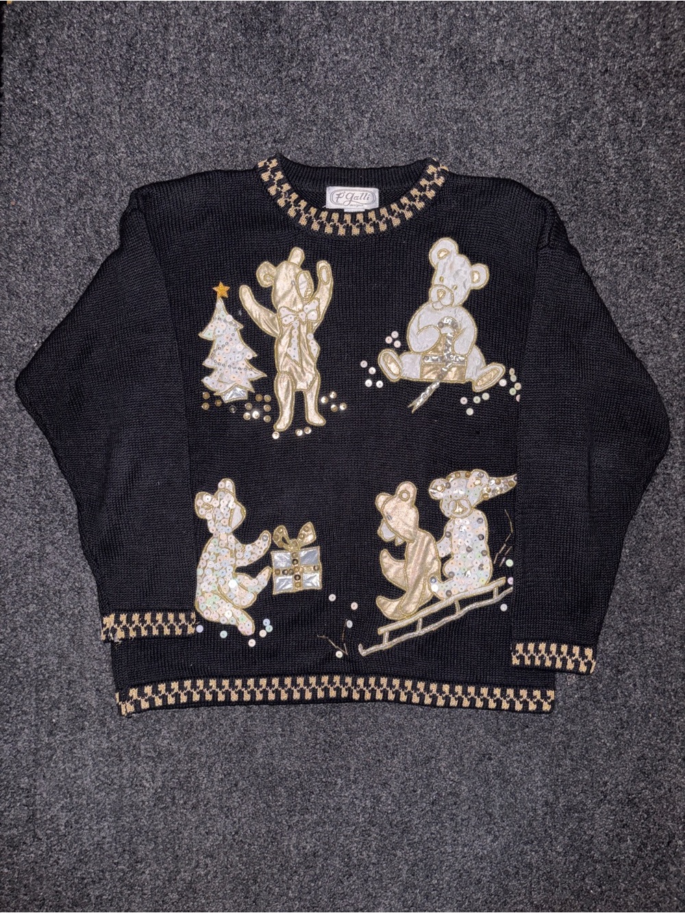 Vtg 90s P'Galli Festive Christmas Sweater L Teddy Bears Sequin Knit Embroidered